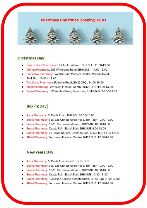 Local Pharmacies opening times for Christmas 